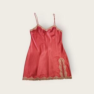 Vintage Y2k Victoria's Secret pink lace trim thigh slit micro mini slip dress